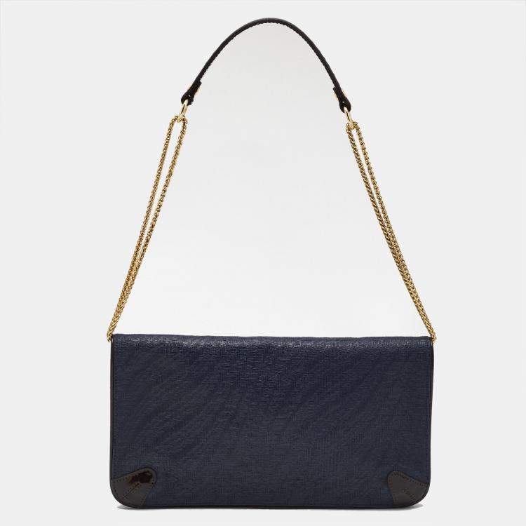 Pre Owned MCM Navy Blue/Brown Coated Raffia and Patent Leather Flap Shoulder Bag