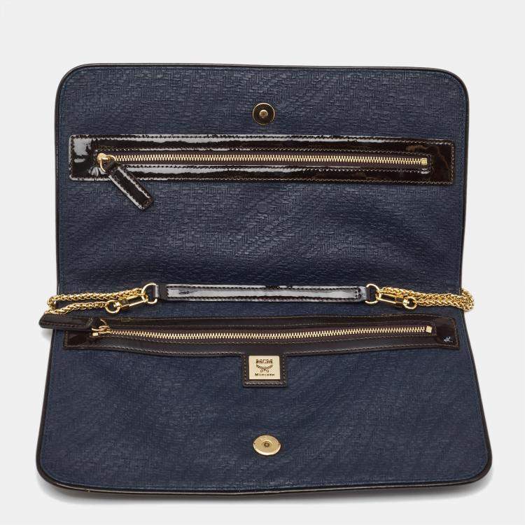 Pre Owned MCM Navy Blue/Brown Coated Raffia and Patent Leather Flap Shoulder Bag