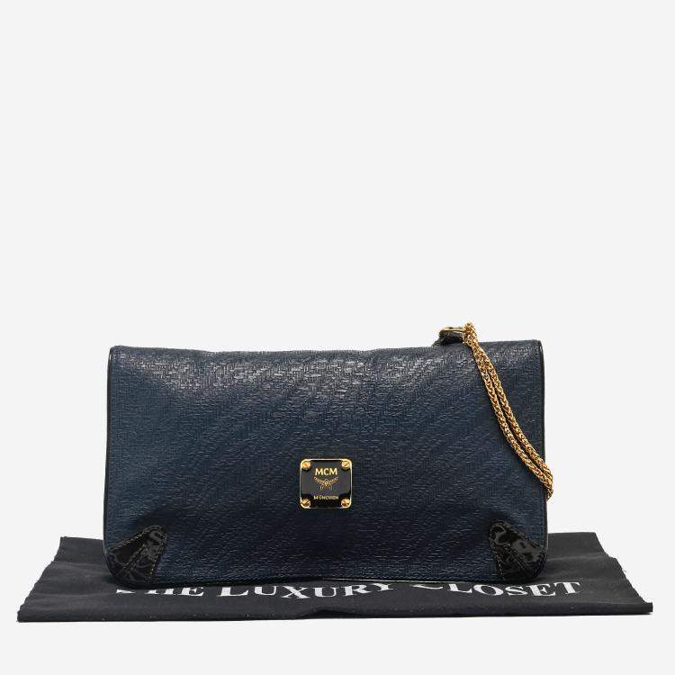 Pre Owned MCM Navy Blue/Brown Coated Raffia and Patent Leather Flap Shoulder Bag