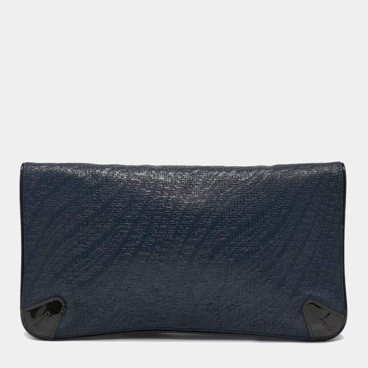 Pre Owned MCM Navy Blue/Brown Coated Raffia and Patent Leather Flap Shoulder Bag