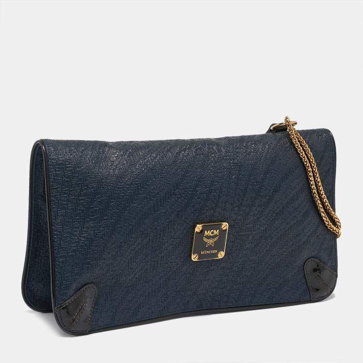 Pre Owned MCM Navy Blue/Brown Coated Raffia and Patent Leather Flap Shoulder Bag