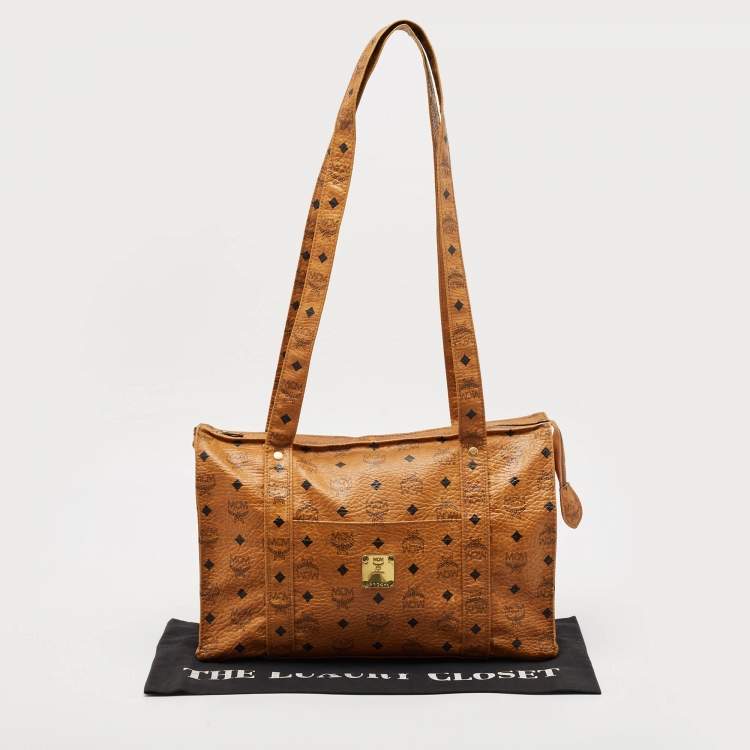 Pre Owned MCM Cognac Visetos Coated Canvas Top Zip Tote 