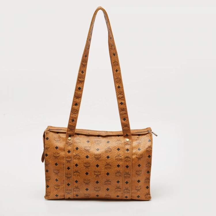 Pre Owned MCM Cognac Visetos Coated Canvas Top Zip Tote 