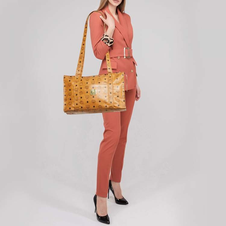 Pre Owned MCM Cognac Visetos Coated Canvas Top Zip Tote 