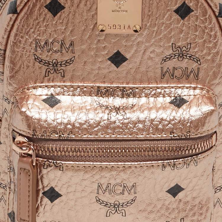 Pre Owned MCM Rose Gold Visetos Coated Canvas and Leather Mini Studded Stark Bebe Boo Backpack