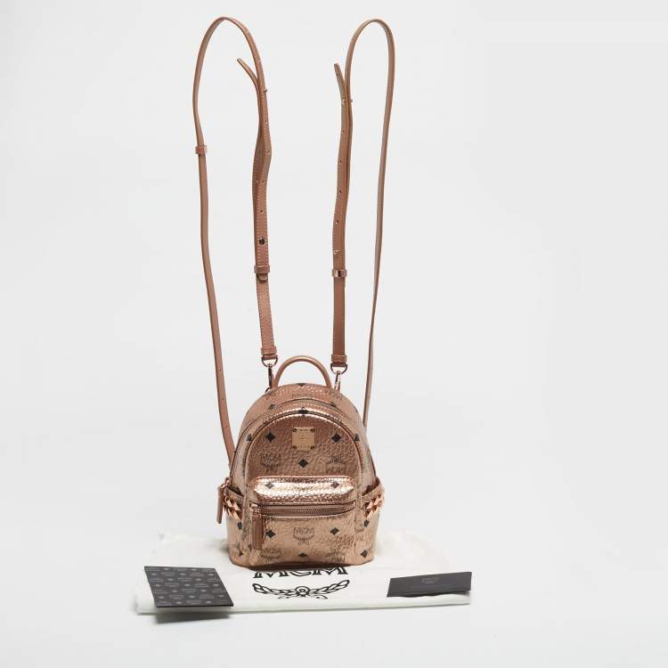 Pre Owned MCM Rose Gold Visetos Coated Canvas and Leather Mini Studded Stark Bebe Boo Backpack