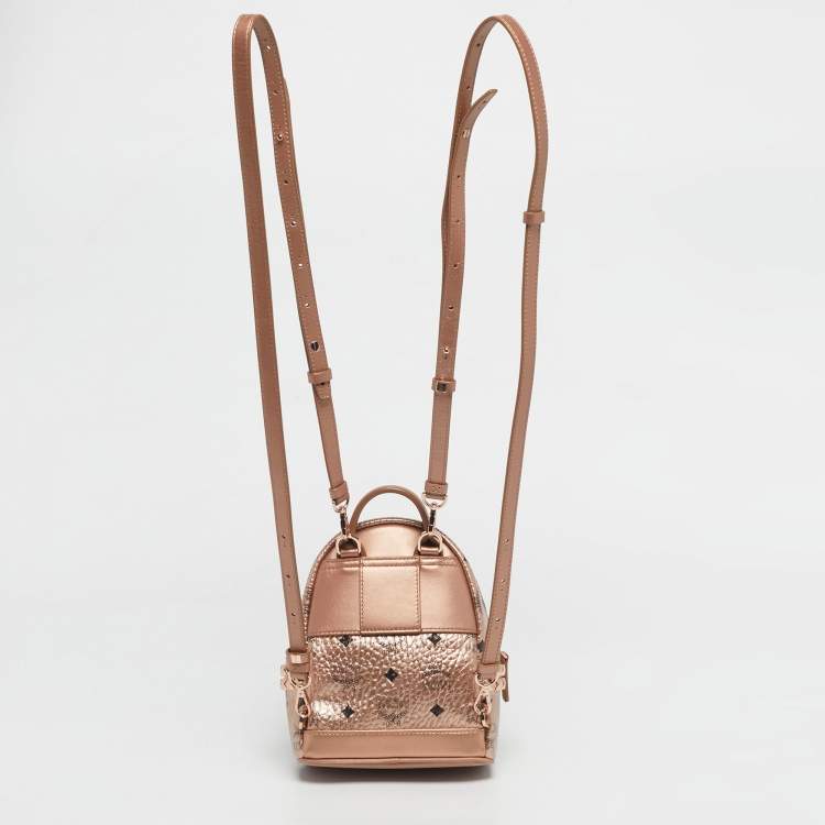 Pre Owned MCM Rose Gold Visetos Coated Canvas and Leather Mini Studded Stark Bebe Boo Backpack