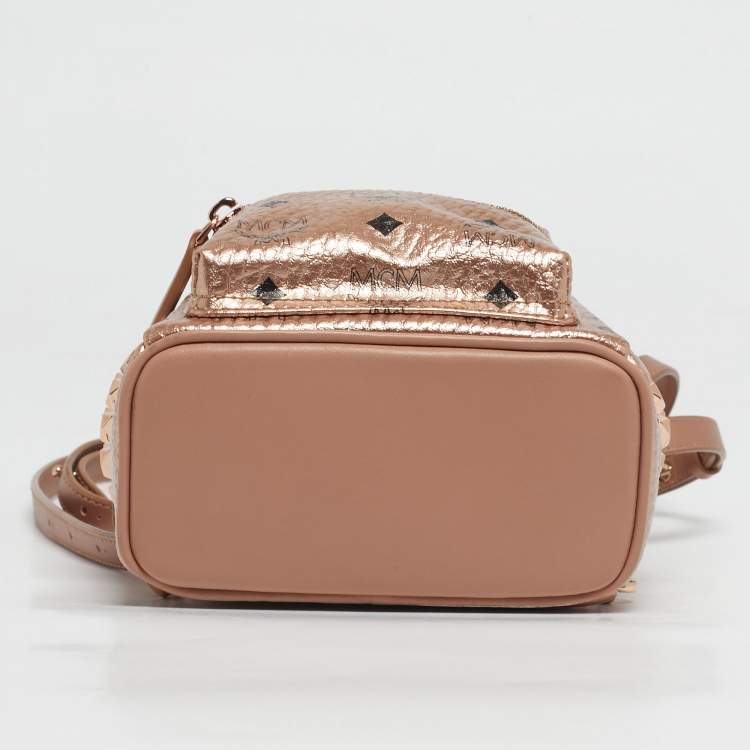 Pre Owned MCM Rose Gold Visetos Coated Canvas and Leather Mini Studded Stark Bebe Boo Backpack