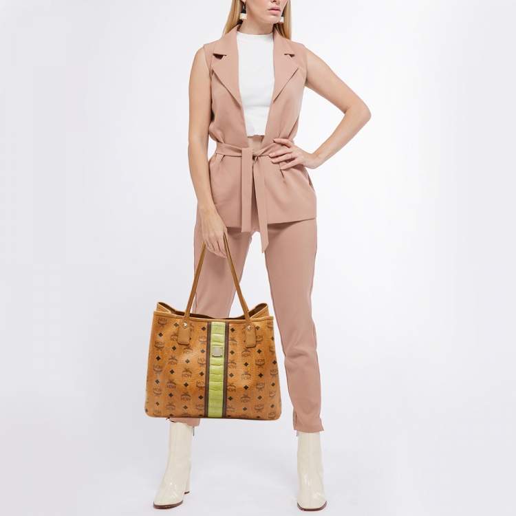 Pre Owned MCM Cognac Visetos Coated Canvas and Croc Embossed Liz Tote