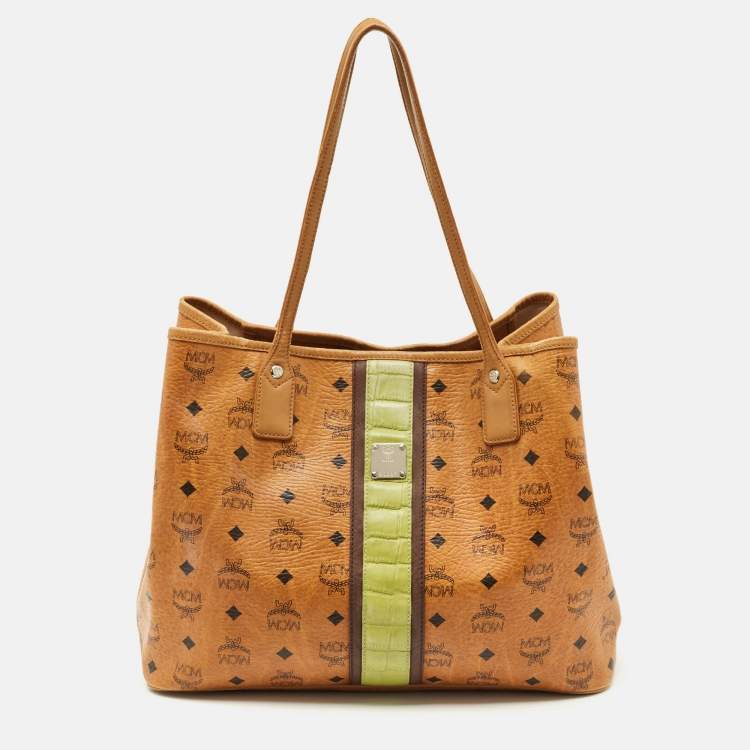 Pre Owned MCM Cognac Visetos Coated Canvas and Croc Embossed Liz Tote