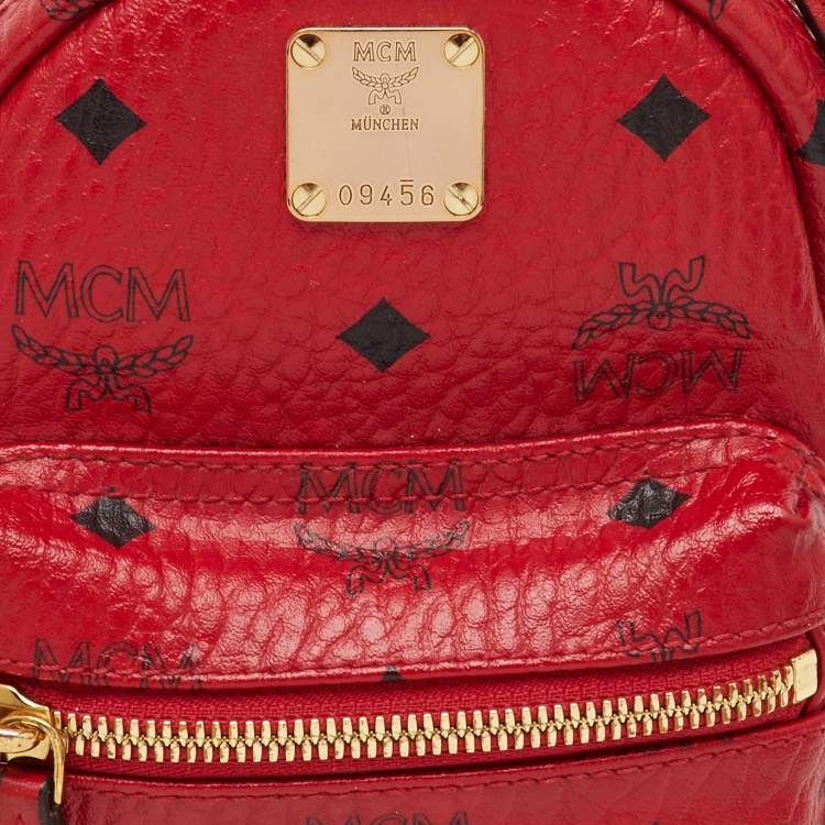 Pre Owned MCM Red Visetos Coated Canvas and Leather Side Stud X-Mini Stark Bebe Boo Backpack