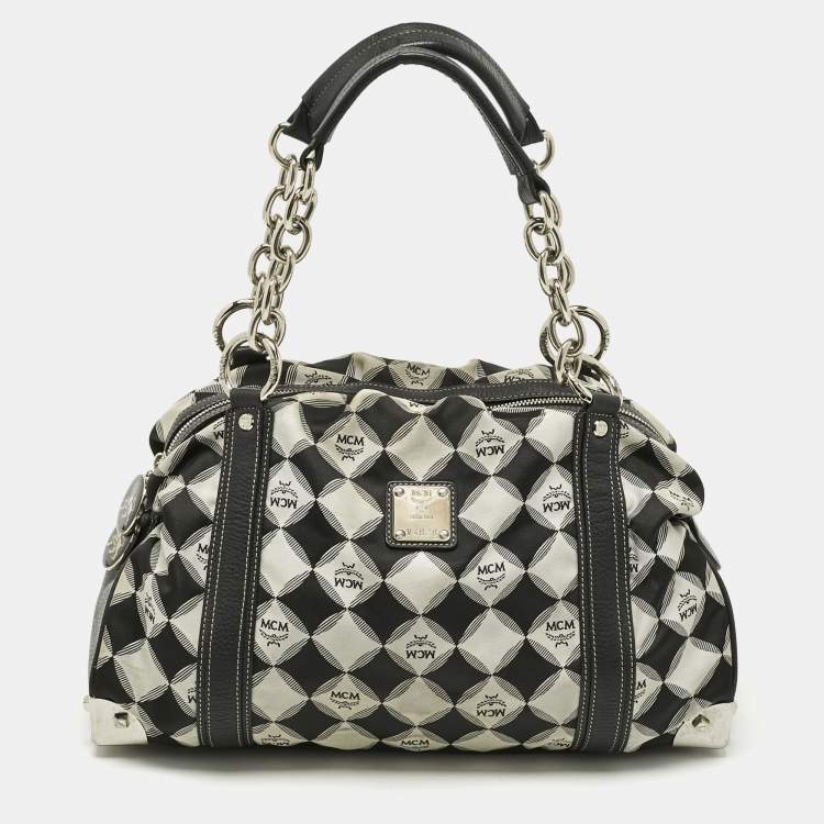 Pre Owned MCM Black Printed Fabric and Leather Zip Satchel