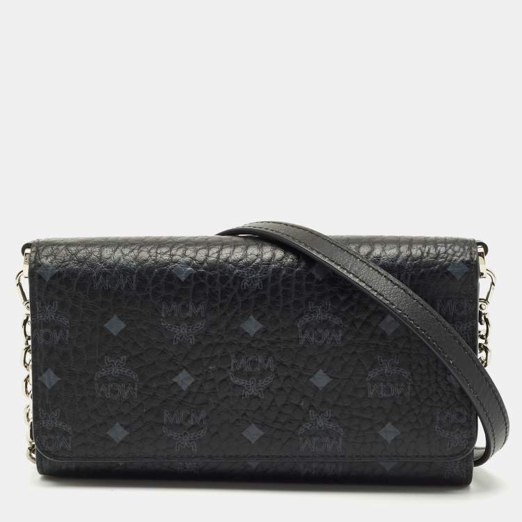 Pre Owned MCM Black Visetos Coated Canvas and Leather Trifold Wallet On Chain