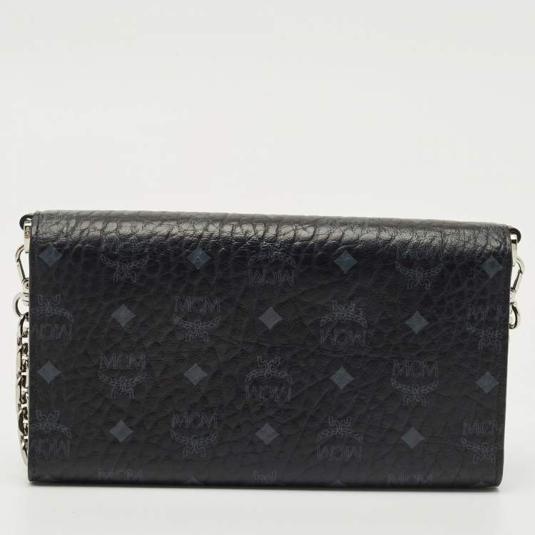 Pre Owned MCM Black Visetos Coated Canvas and Leather Trifold Wallet On Chain