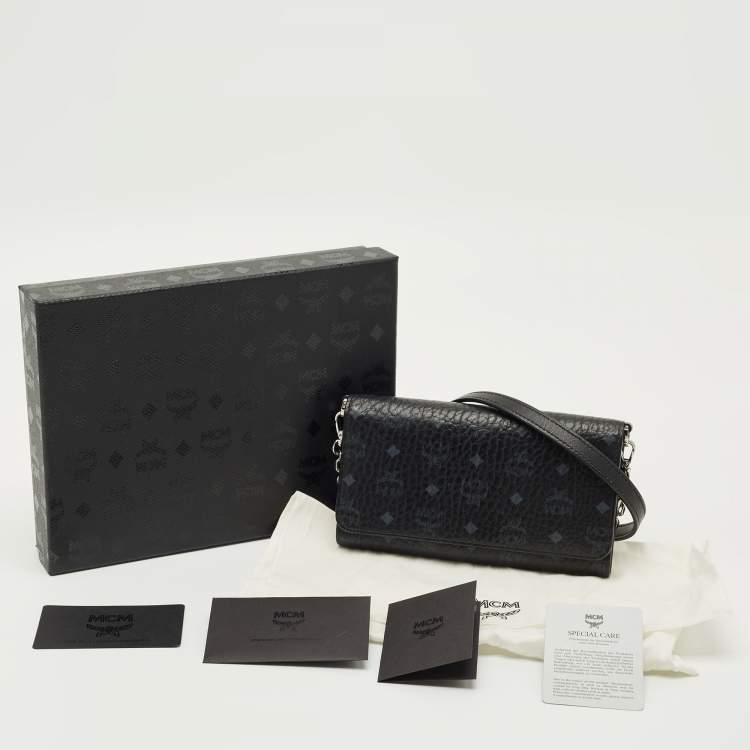 Pre Owned MCM Black Visetos Coated Canvas and Leather Trifold Wallet On Chain
