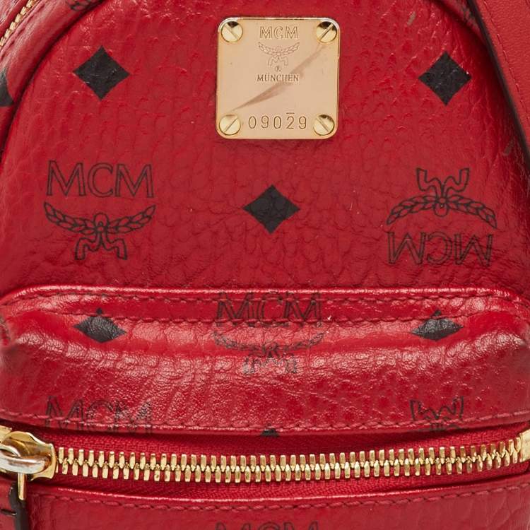 Pre Owned MCM Red Visetos Coated Canvas and Leather Side Stud X-Mini Stark Bebe Boo Backpack
