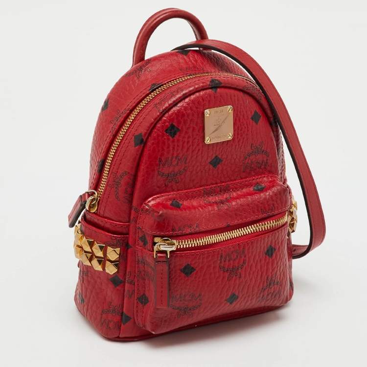 Pre Owned MCM Red Visetos Coated Canvas and Leather Side Stud X-Mini Stark Bebe Boo Backpack