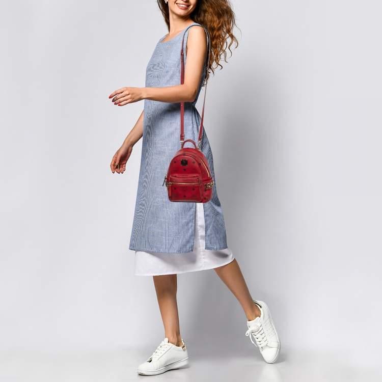 Pre Owned MCM Red Visetos Coated Canvas and Leather Side Stud X-Mini Stark Bebe Boo Backpack