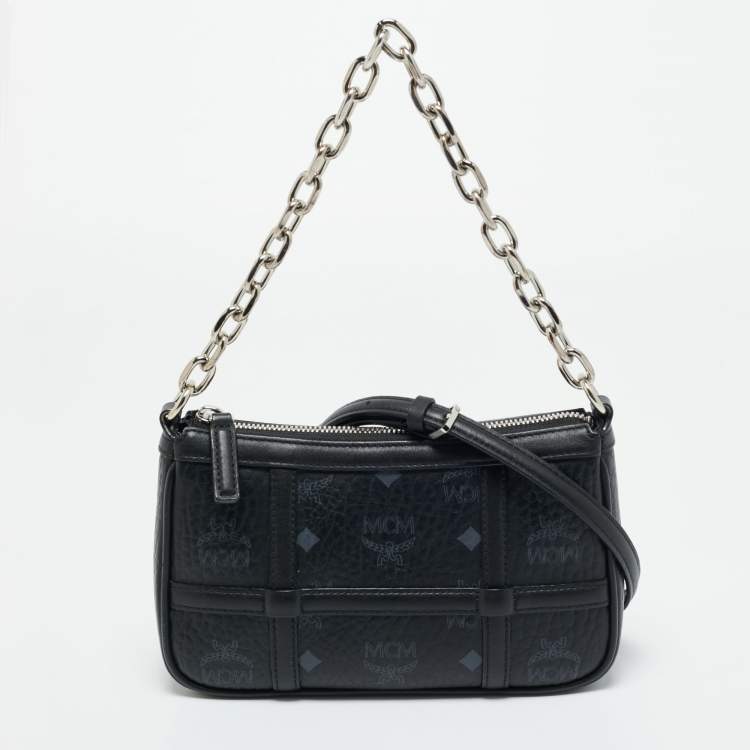 Pre Owned MCM Black Visetos Coated Canvas Mini Aren Shoulder Bag