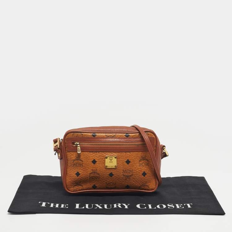 Pre Owned MCM Cognac Visetos Coated Canvas and Leather Front Zip Camera Bag