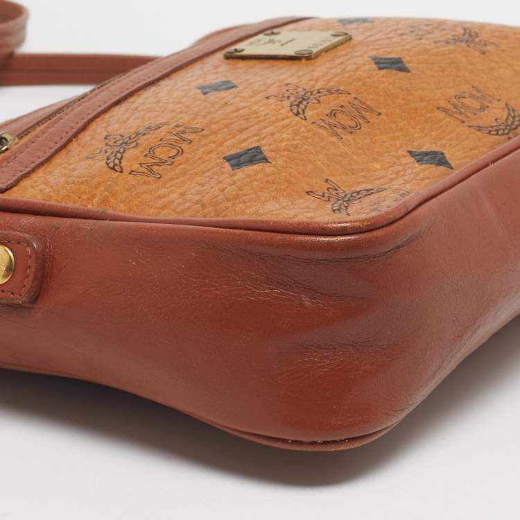 Pre Owned MCM Cognac Visetos Coated Canvas and Leather Front Zip Camera Bag