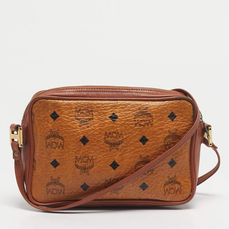 Pre Owned MCM Cognac Visetos Coated Canvas and Leather Front Zip Camera Bag