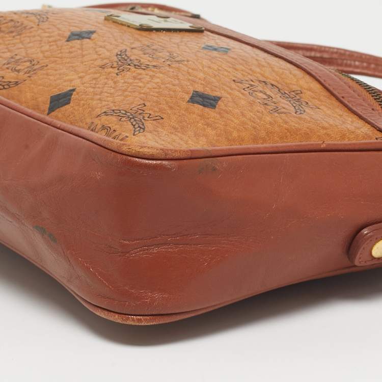 Pre Owned MCM Cognac Visetos Coated Canvas and Leather Front Zip Camera Bag