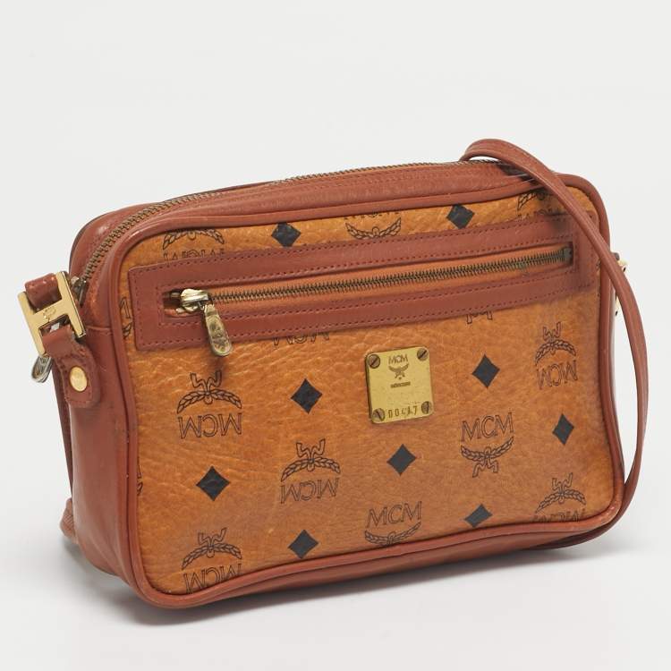 Pre Owned MCM Cognac Visetos Coated Canvas and Leather Front Zip Camera Bag