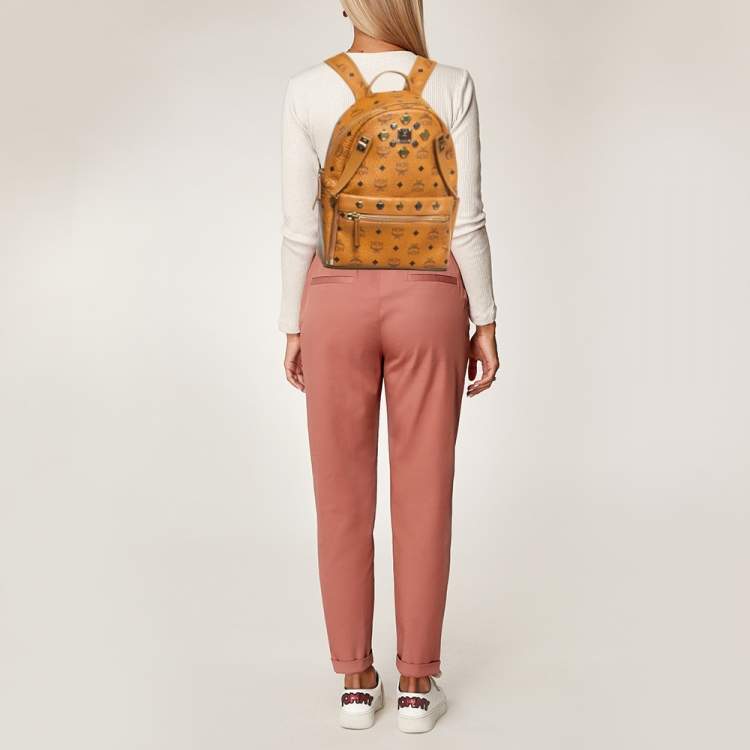 Pre Owned MCM Cognac Visetos Coated Canvas Small Studded Dual Stark Backpack