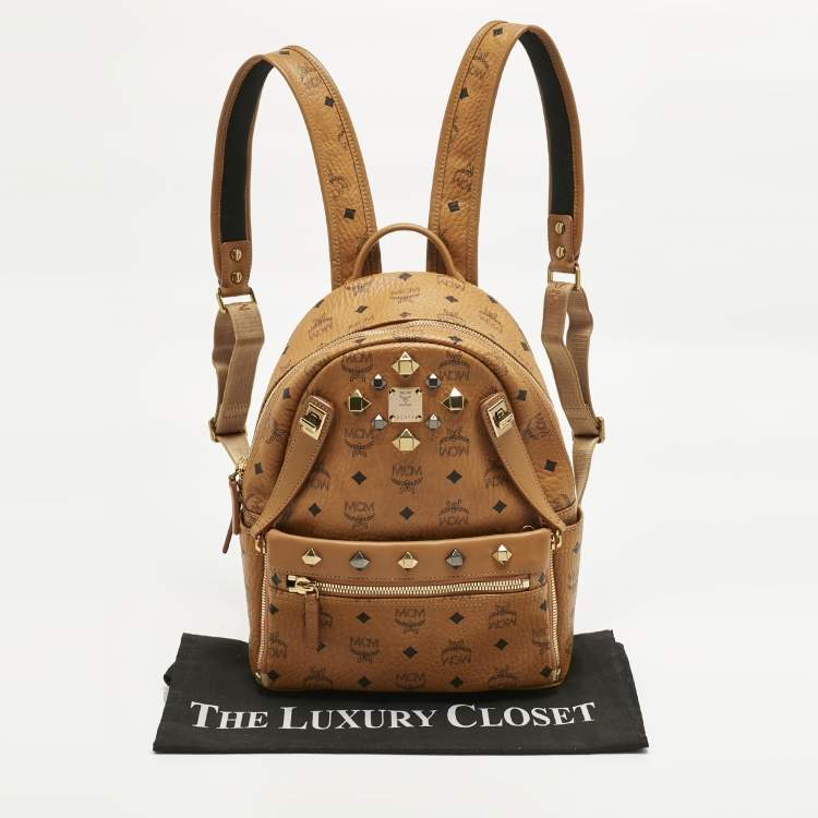 Pre Owned MCM Cognac Visetos Coated Canvas Small Studded Dual Stark Backpack