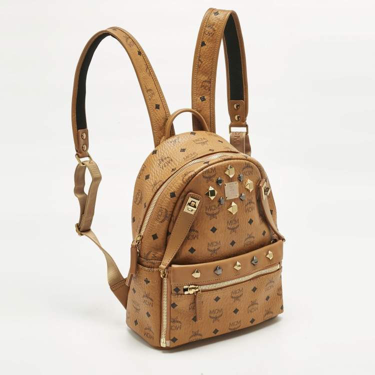 Pre Owned MCM Cognac Visetos Coated Canvas Small Studded Dual Stark Backpack