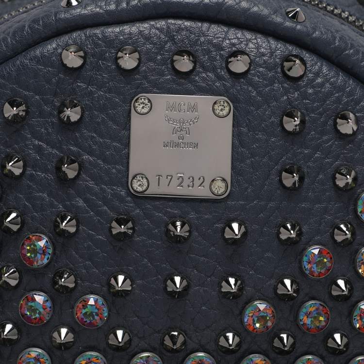 Pre Owned MCM Navy Blue Leather Diamond Studs Stark Backpack