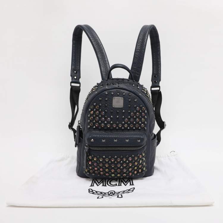 Pre Owned MCM Navy Blue Leather Diamond Studs Stark Backpack