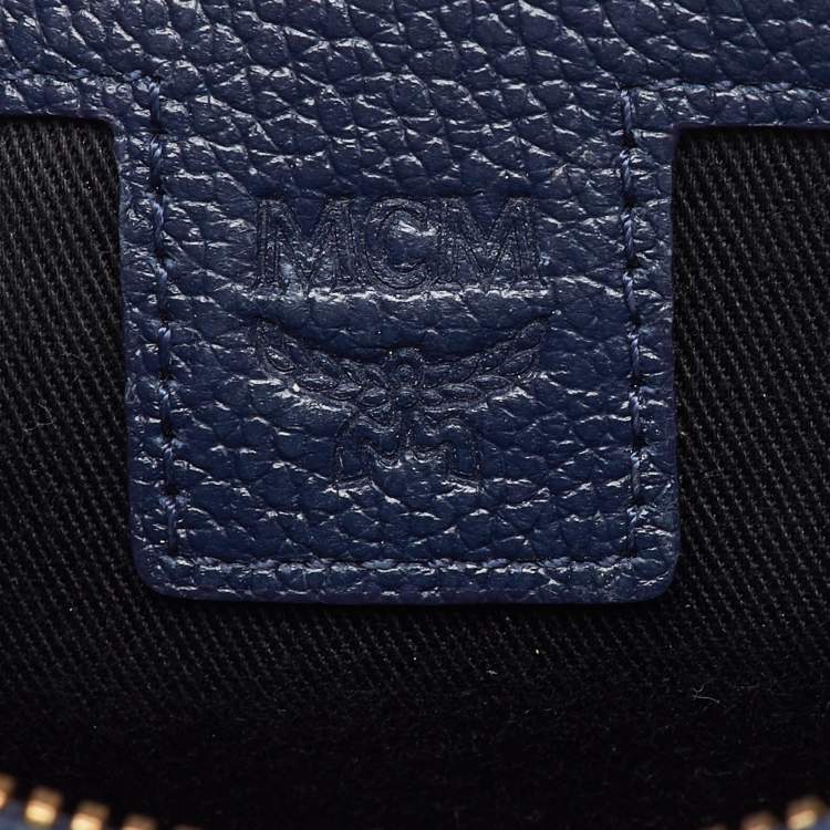 Pre Owned MCM Tan/Navy Blue Leather and Visetos Coated Canvas Small Klassik Crossbody Bag