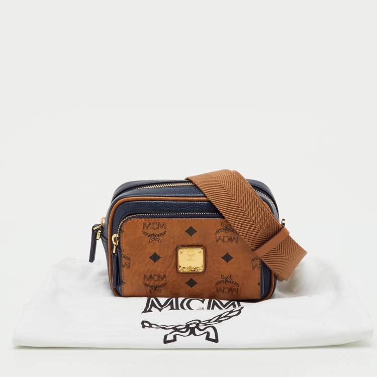 Pre Owned MCM Tan/Navy Blue Leather and Visetos Coated Canvas Small Klassik Crossbody Bag