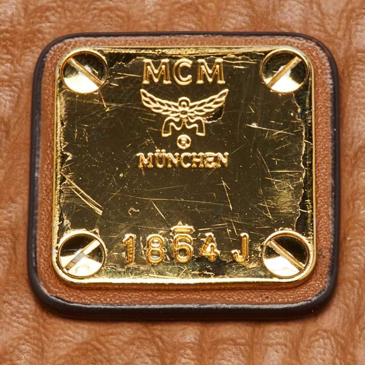 Pre Owned MCM Tan/Navy Blue Leather and Visetos Coated Canvas Small Klassik Crossbody Bag