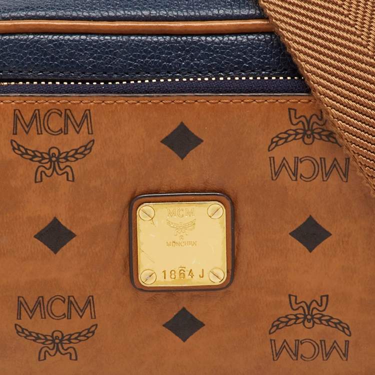 Pre Owned MCM Tan/Navy Blue Leather and Visetos Coated Canvas Small Klassik Crossbody Bag