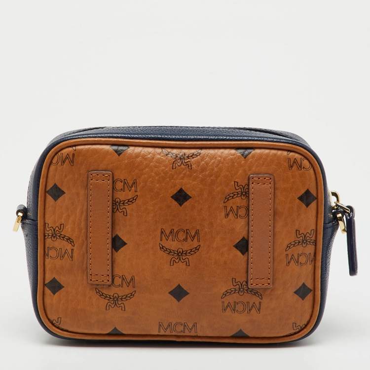 Pre Owned MCM Tan/Navy Blue Leather and Visetos Coated Canvas Small Klassik Crossbody Bag