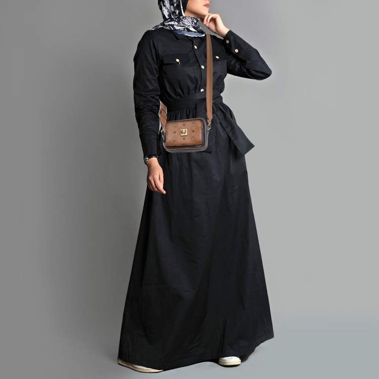 Pre Owned MCM Tan/Navy Blue Leather and Visetos Coated Canvas Small Klassik Crossbody Bag