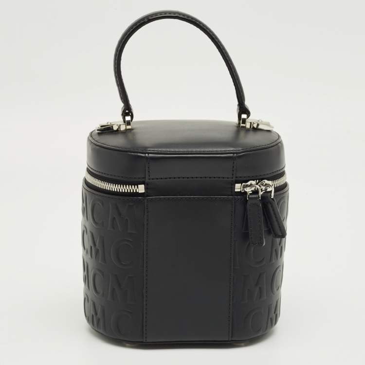 Pre Owned MCM Black Logo Embossed Leather Cylinder Bag