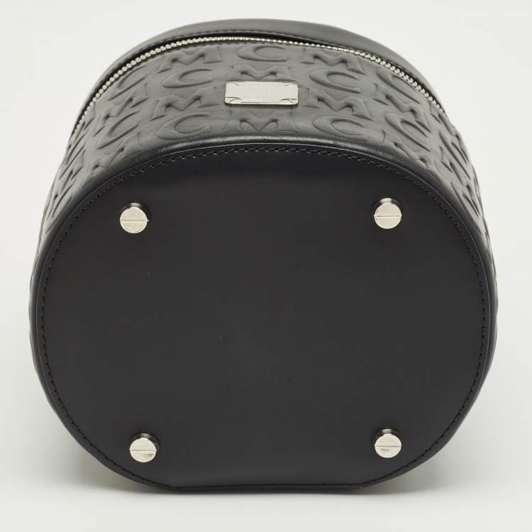 Pre Owned MCM Black Logo Embossed Leather Cylinder Bag