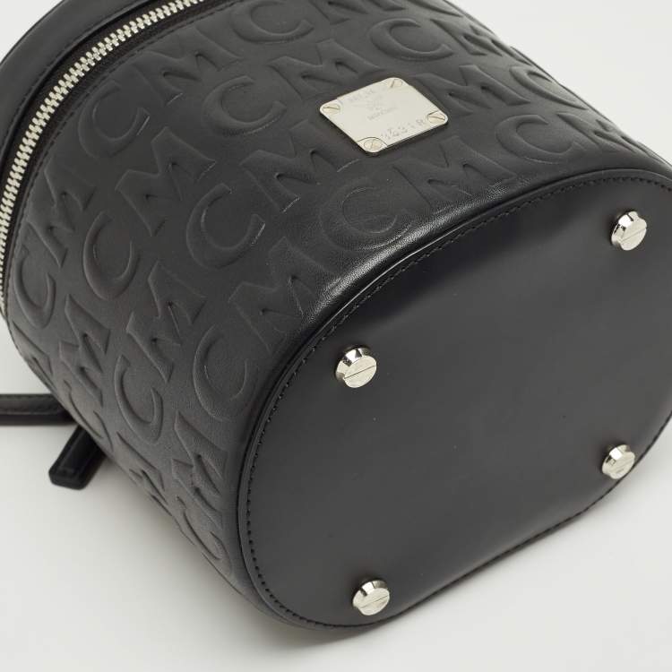 Pre Owned MCM Black Logo Embossed Leather Cylinder Bag
