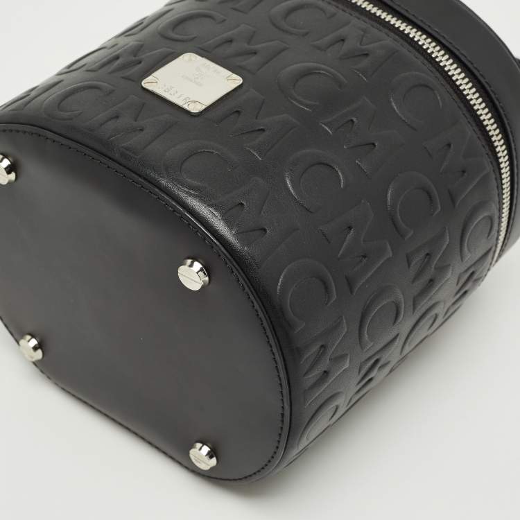 Pre Owned MCM Black Logo Embossed Leather Cylinder Bag