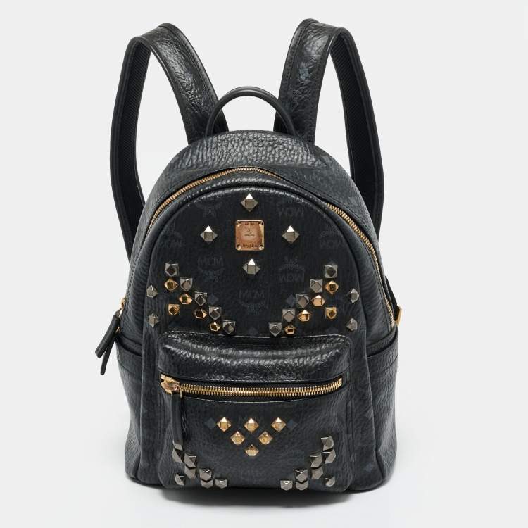 Pre Owned MCM Stark Small Black Visetos Coated Canvas Studded Backpack