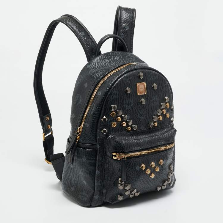 Pre Owned MCM Stark Small Black Visetos Coated Canvas Studded Backpack