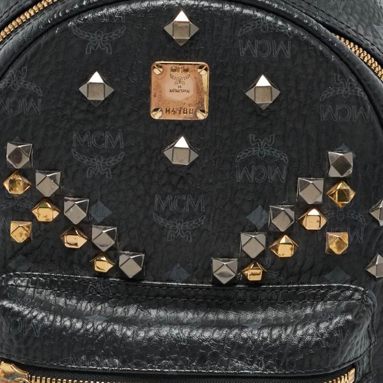 Pre Owned MCM Stark Small Black Visetos Coated Canvas Studded Backpack