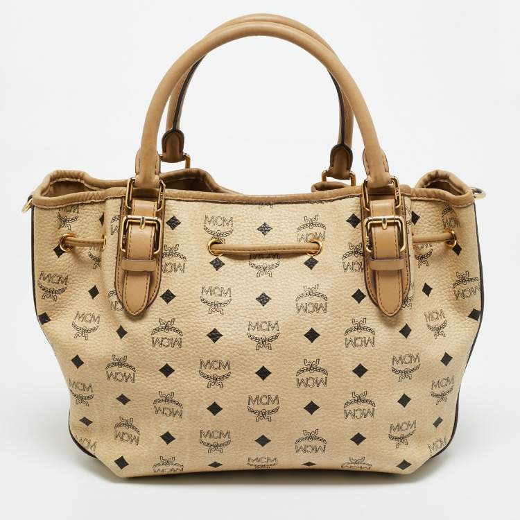 Pre Owned MCM Beige Visetos Coated Canvas Drawstring Tote