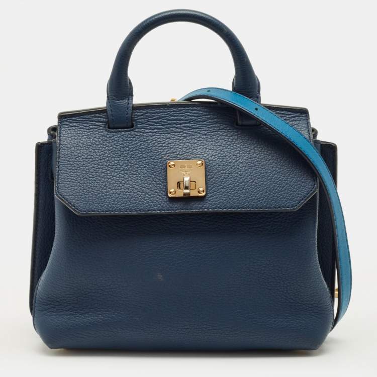 Pre Owned MCM Milla Flap Two Tone Blue Leather Top Handle Bag