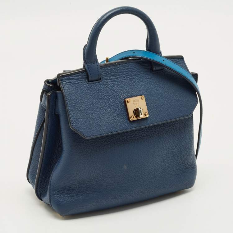 Pre Owned MCM Milla Flap Two Tone Blue Leather Top Handle Bag