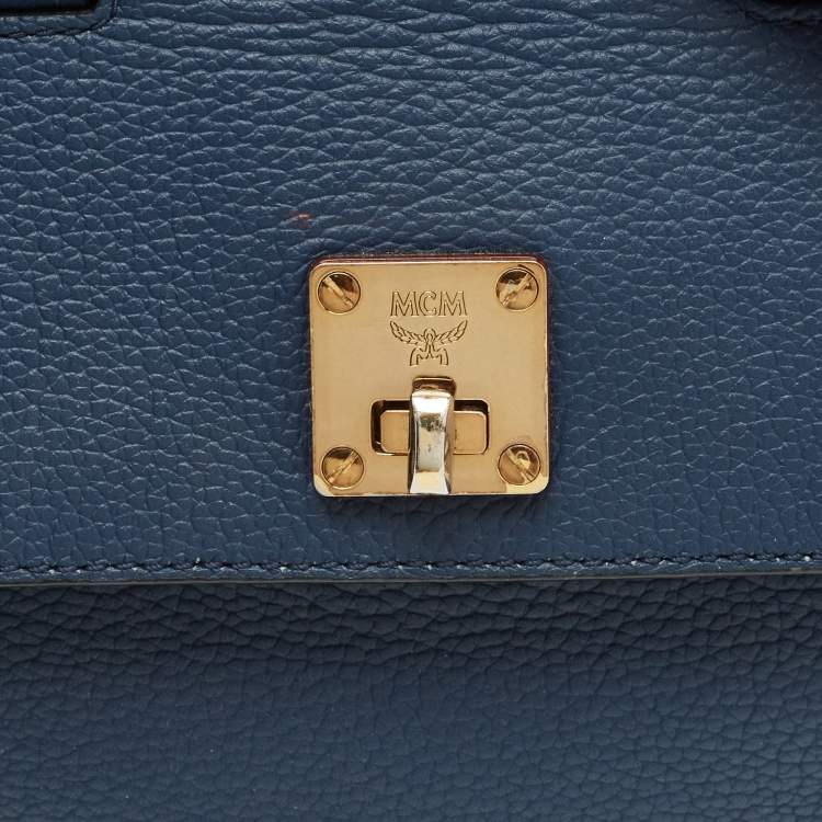 Pre Owned MCM Milla Flap Two Tone Blue Leather Top Handle Bag